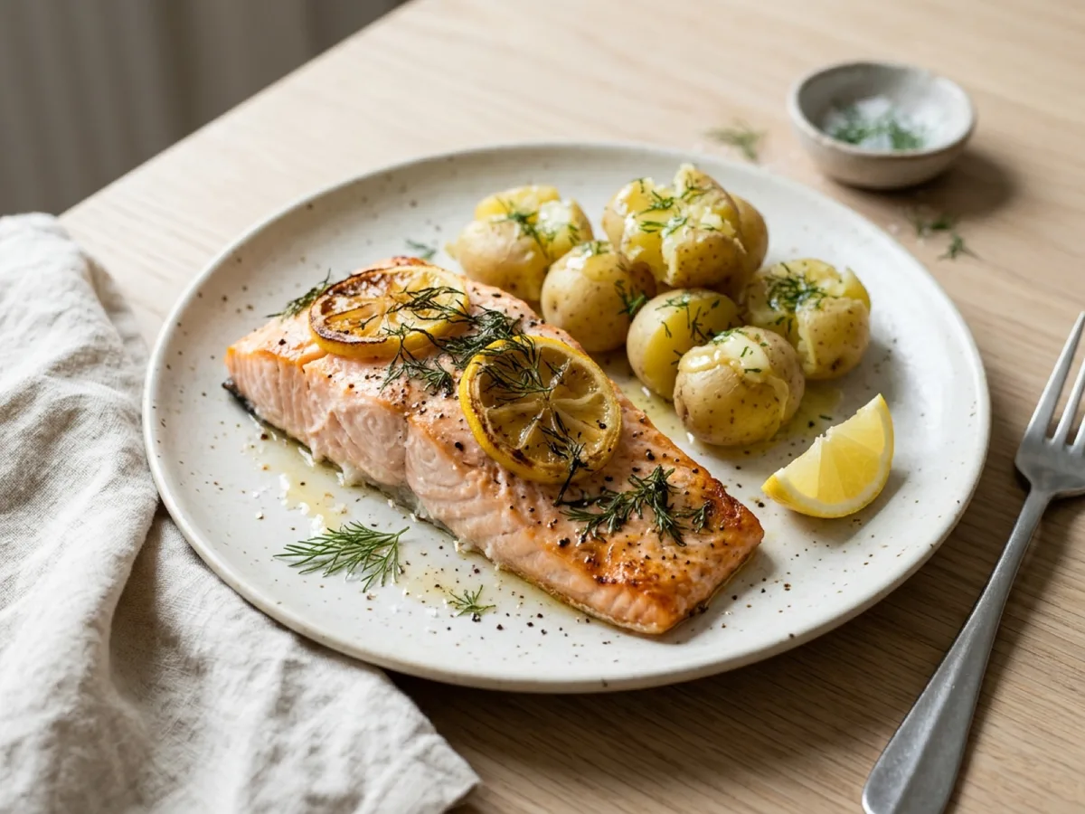 Oven-Baked Salmon with Dill Sauce and Boiled Potatoes — recipe photo