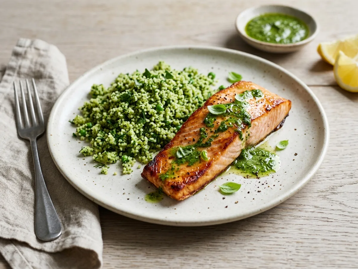 Roast Salmon with Green Couscous and Basil Sauce — recipe photo