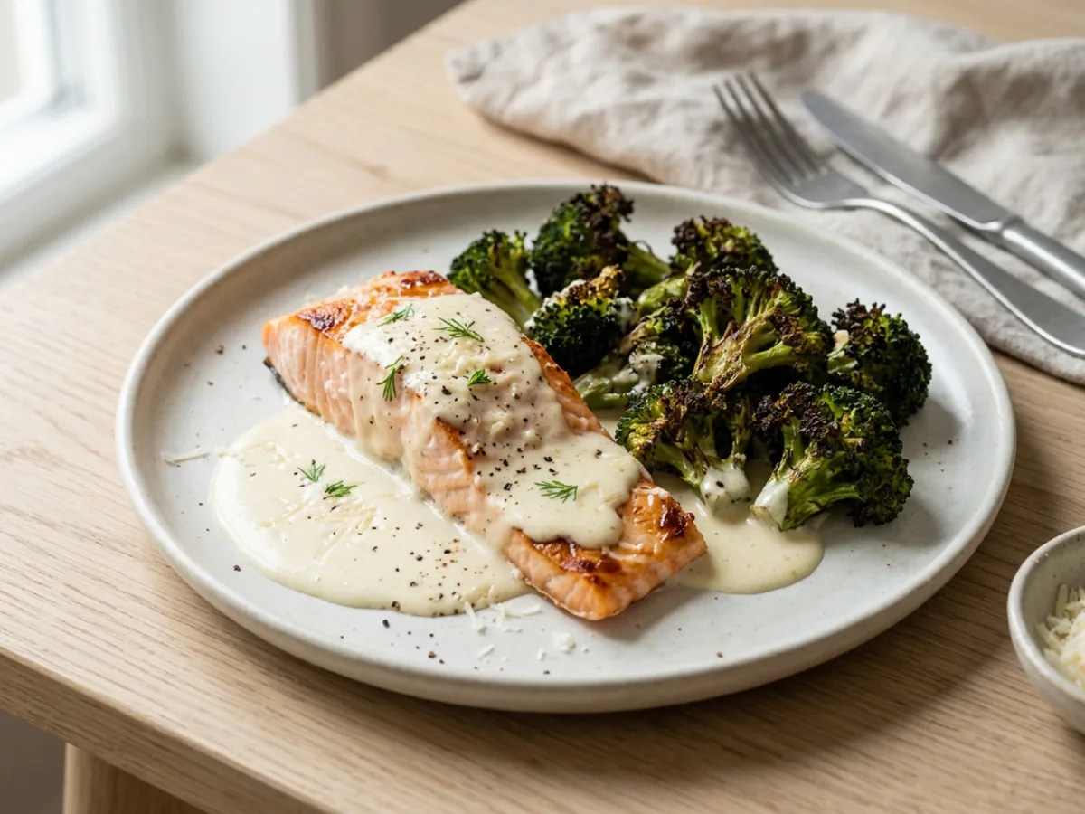 Ugnsbakad lax med grillad broccoli och parmesankräm — receptbild