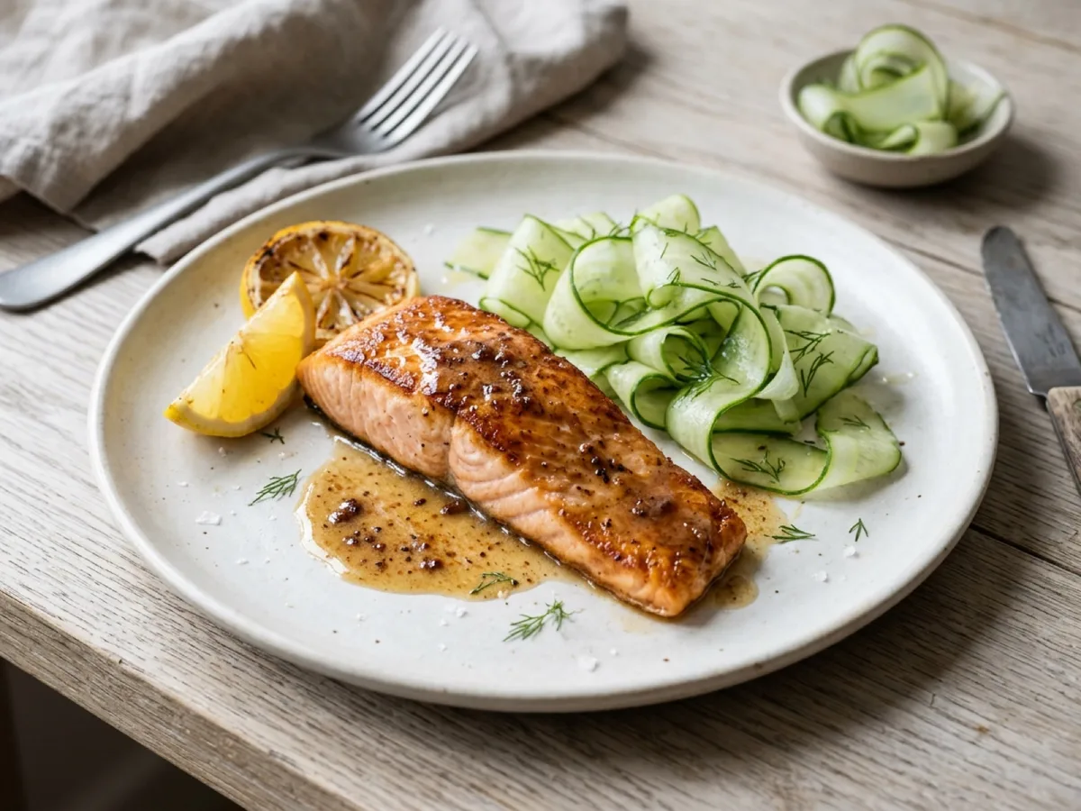 Salmon with Brown Butter, Lemon and Shaved Cucumber — recipe photo