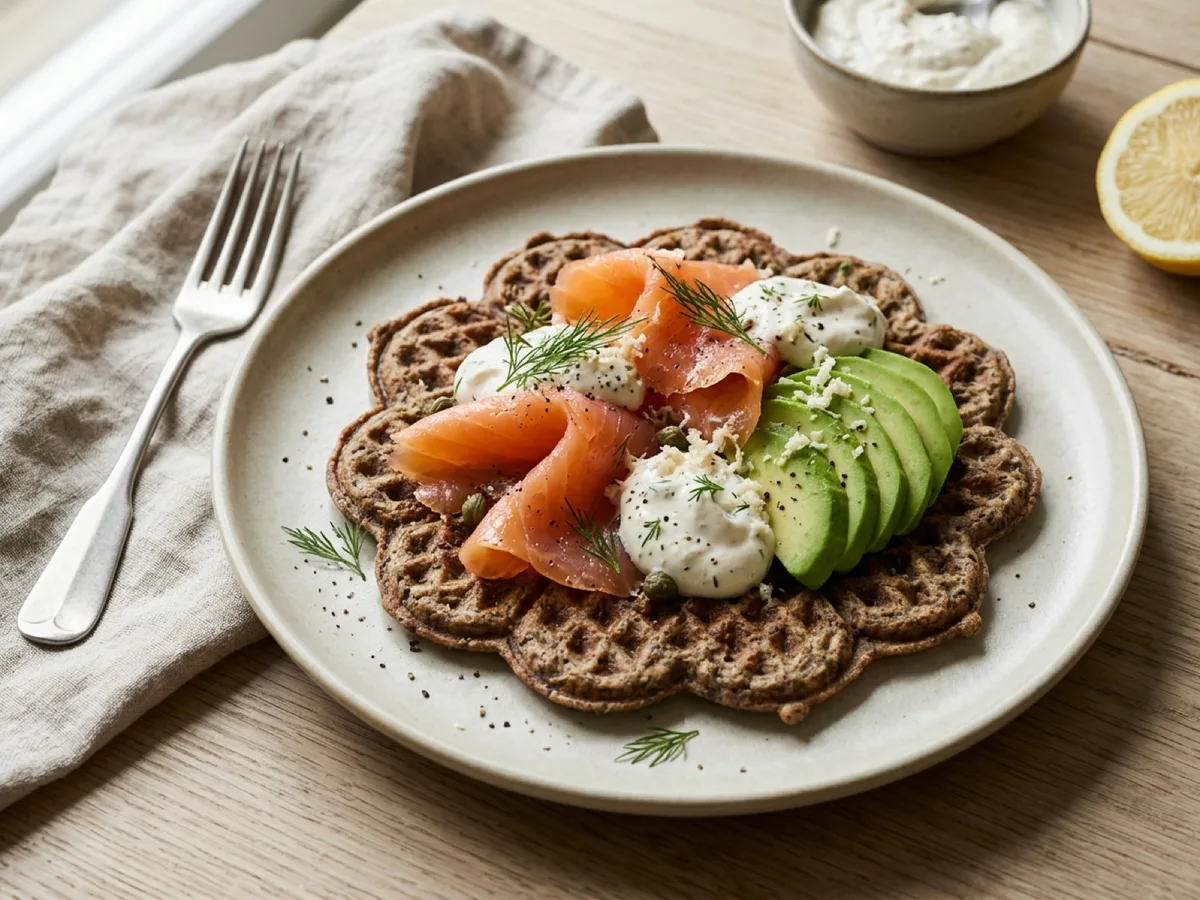 Buckwheat Waffles with Smoked Salmon, Avocado and Horseradish Cream — recipe photo
