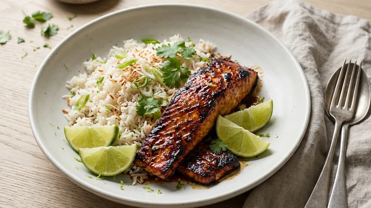 Caramelized Salmon with Lime and Coconut Rice