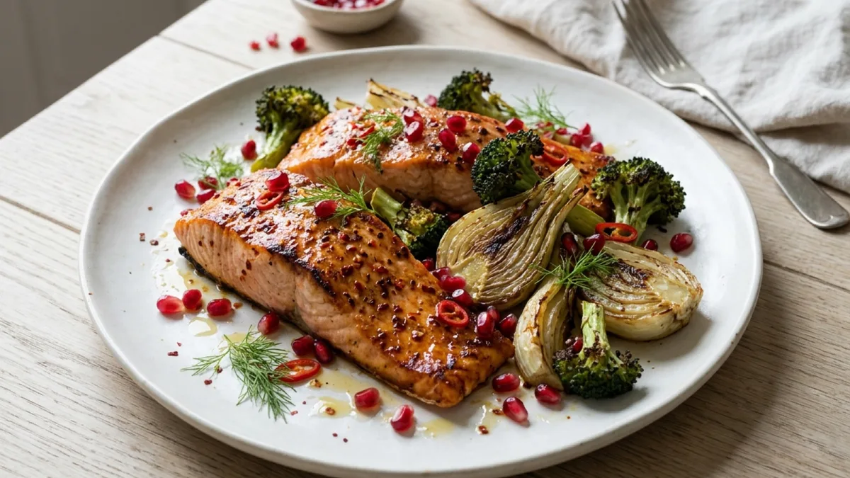Chili Salmon with Roasted Fennel, Broccoli and Pomegranate Salad