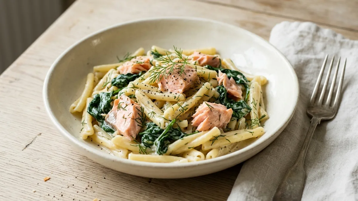 Creamy Salmon Pasta with Spinach, Dill and Dijon