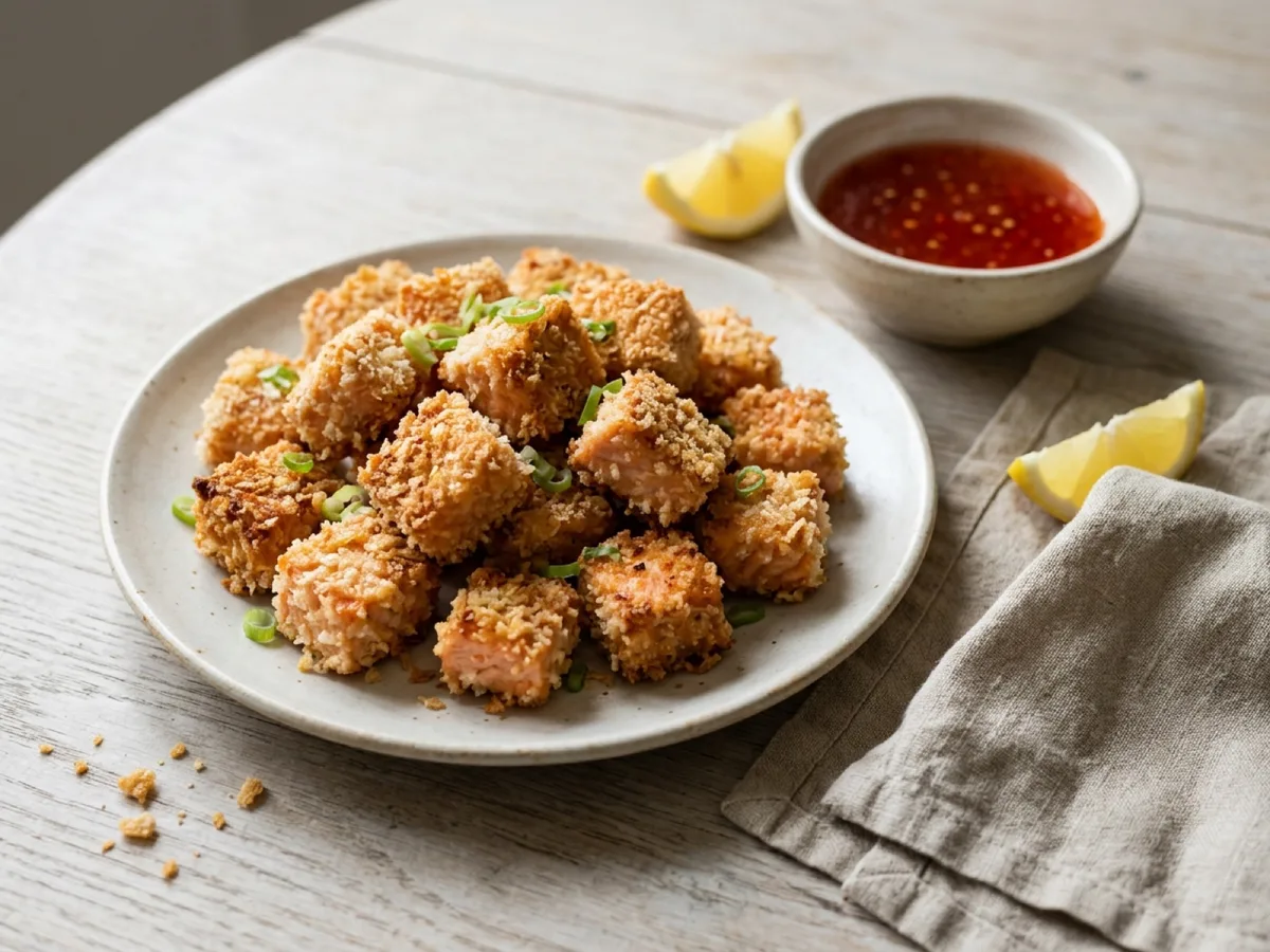 Pankopanerade laxbitar med sweet chilisås — receptbild