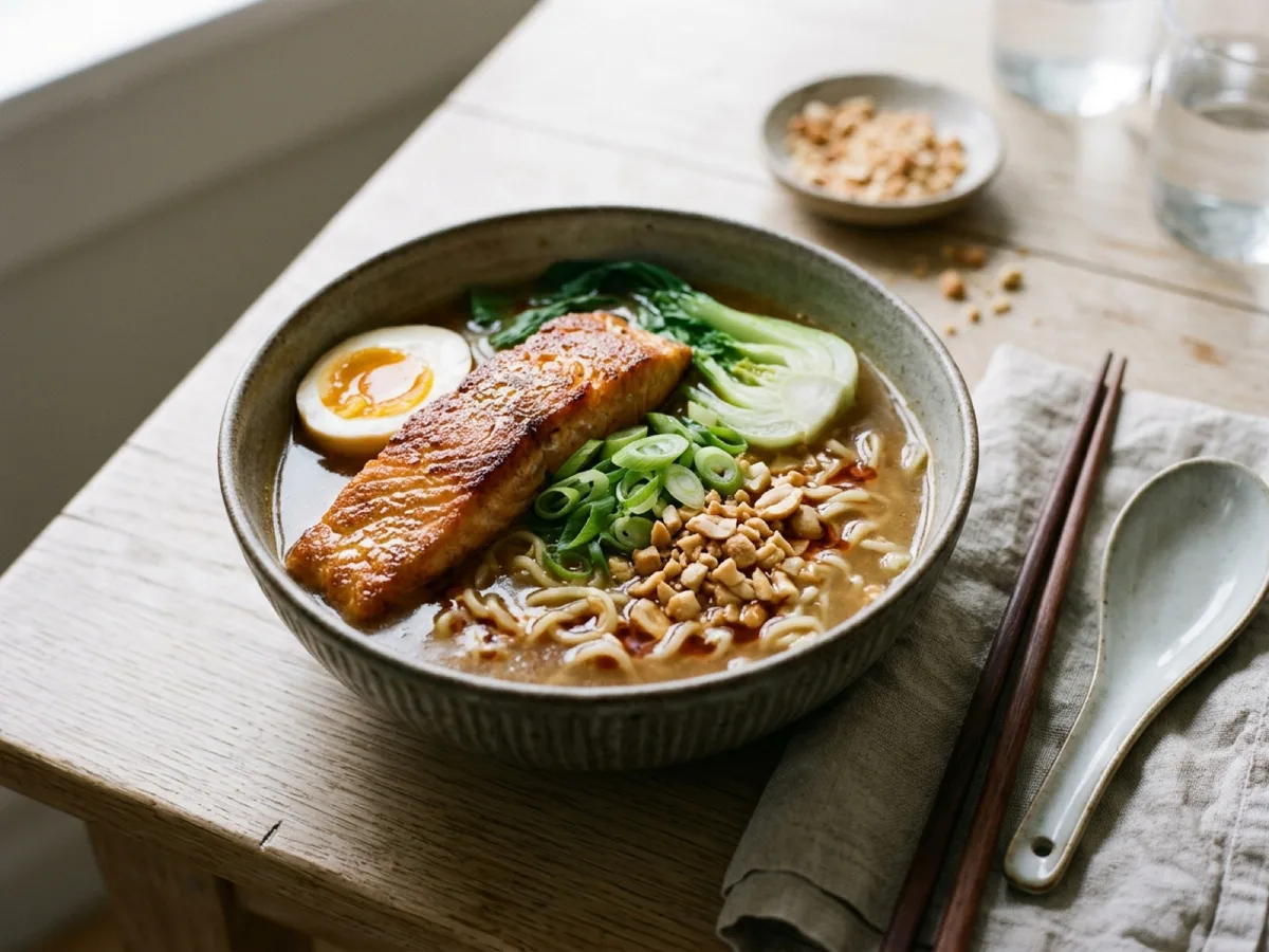 Ramen med krispig lax och jordnötter — receptbild
