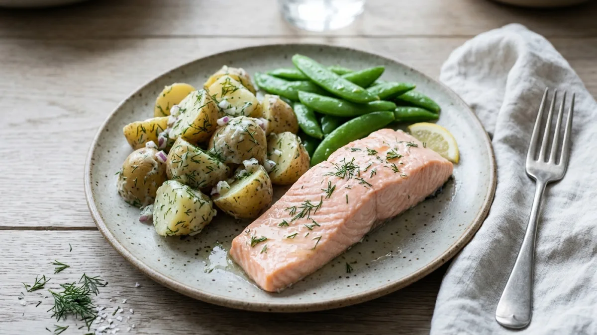 Dill-Poached Salmon with Potato Salad and Sugar Snap Peas