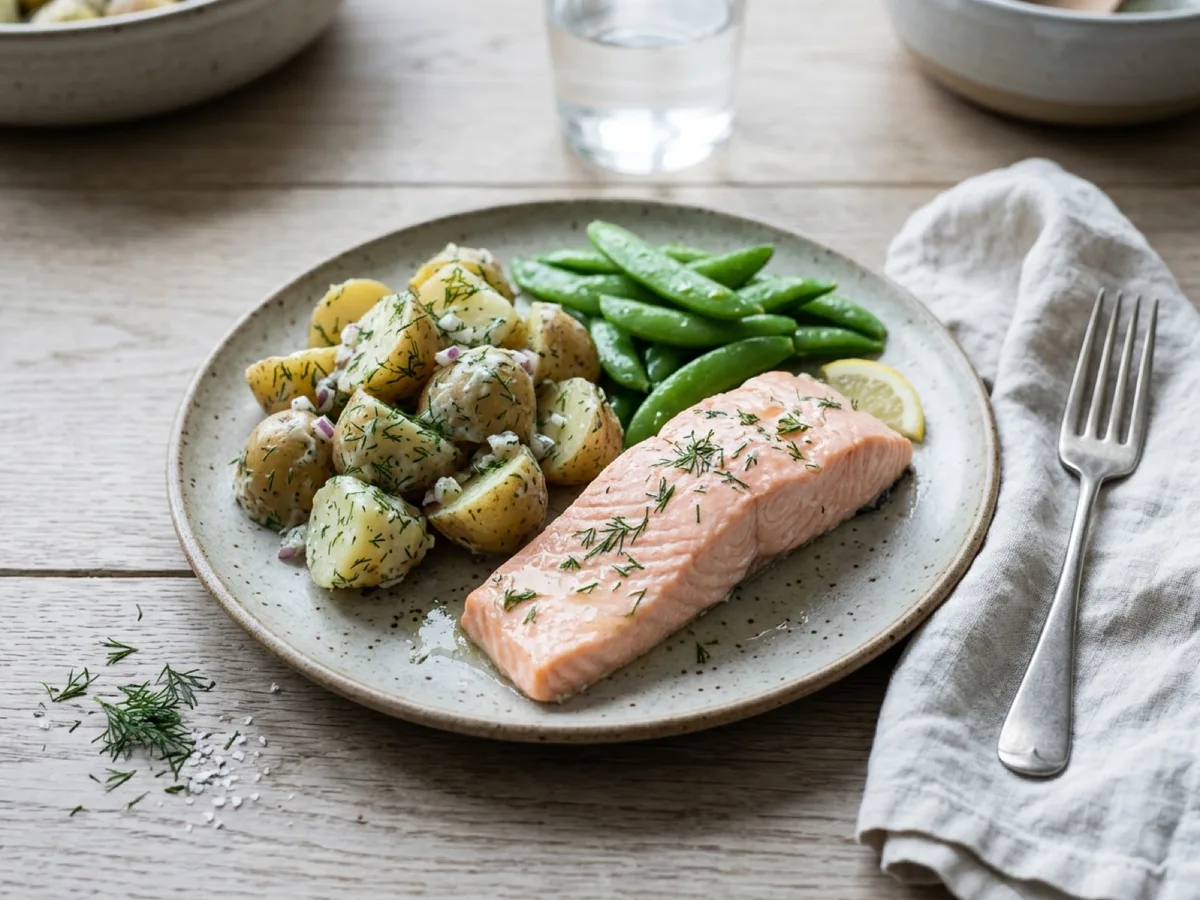 Dill-Poached Salmon with Potato Salad and Sugar Snap Peas — recipe photo