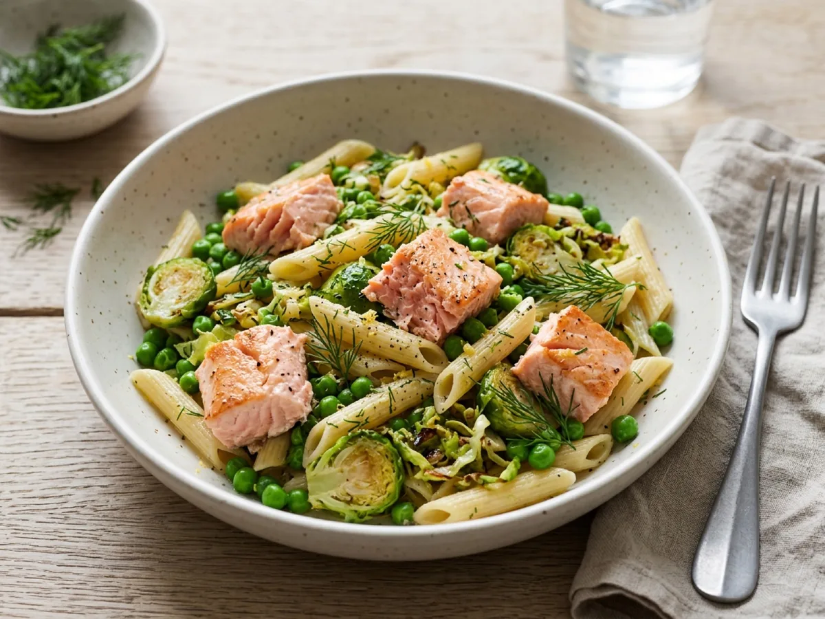 Dill Salmon Pasta with Peas and Brussels Sprouts — recipe photo
