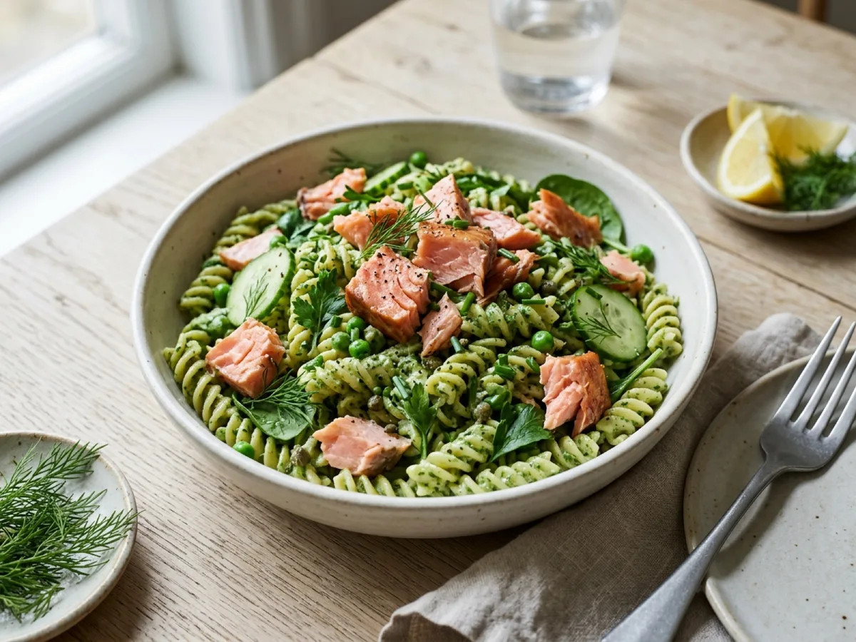 Green Goddess Pasta Salad with Hot-Smoked Salmon — recipe photo