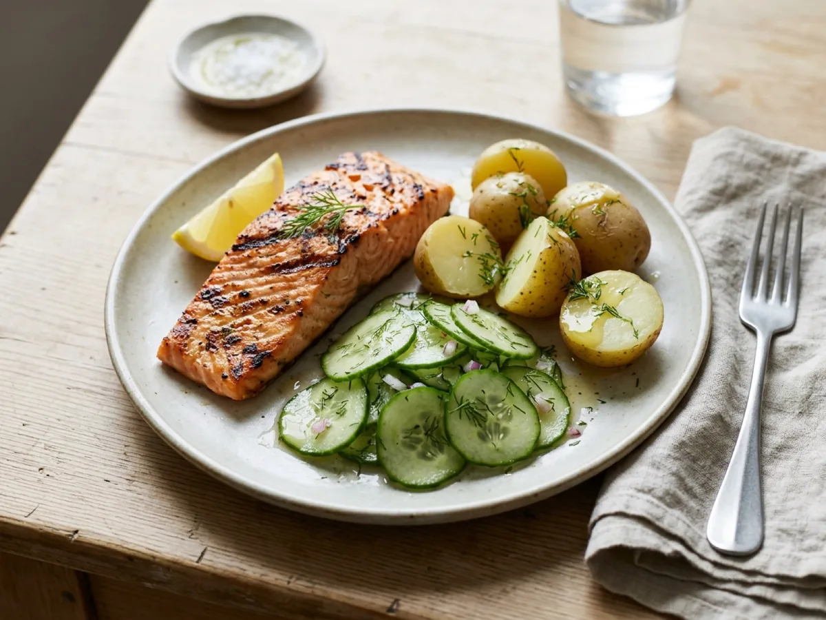 Grillad lax med gurksallad och potatis — receptbild