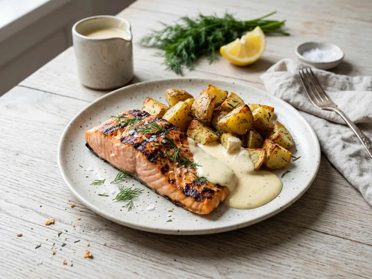 Grilled Salmon with Roast Potatoes and Västerbotten Cheese Sauce — recipe photo