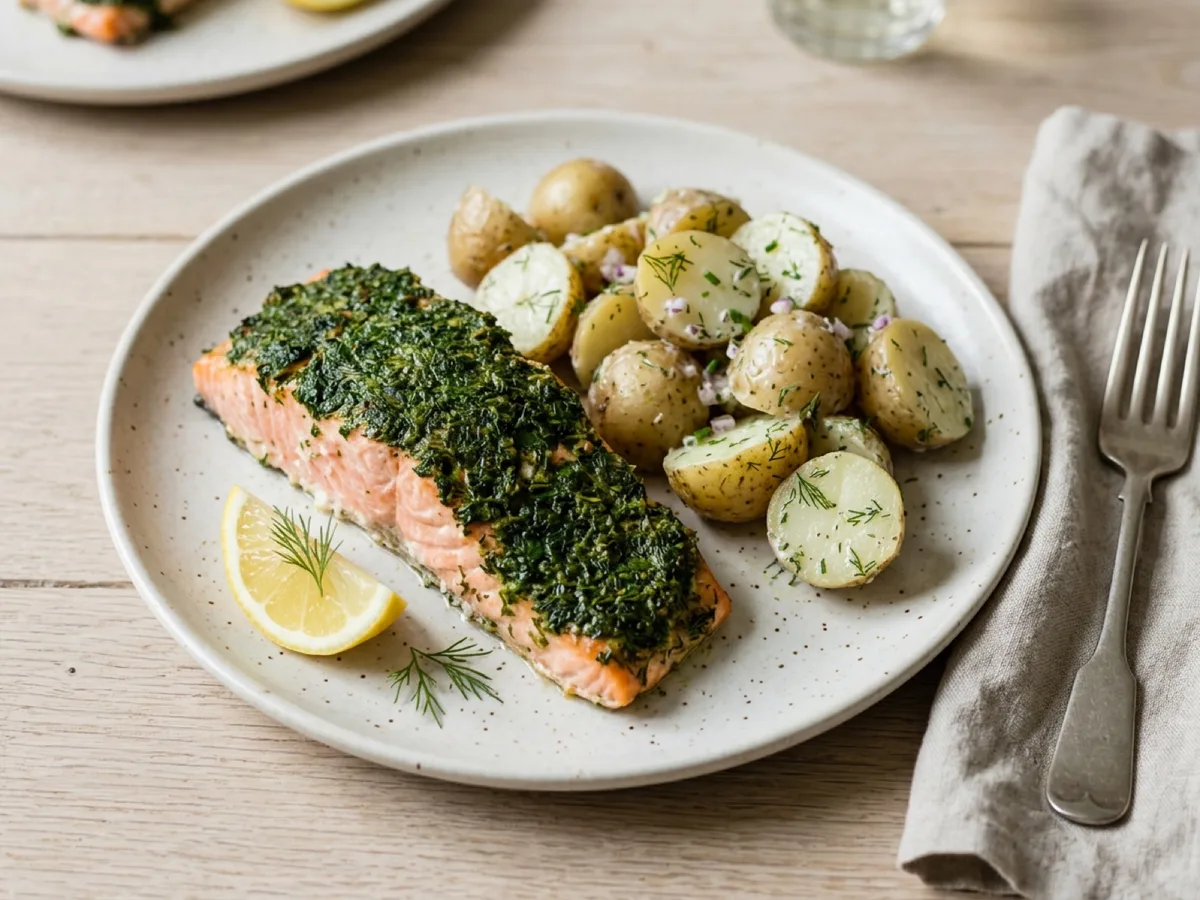 Örtpestobakad lax med potatissallad — receptbild