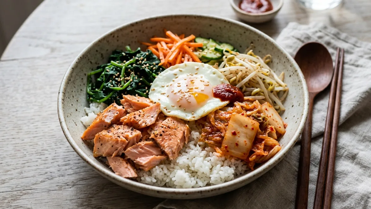 Bibimbap with Hot-Smoked Salmon, Kimchi and Spinach