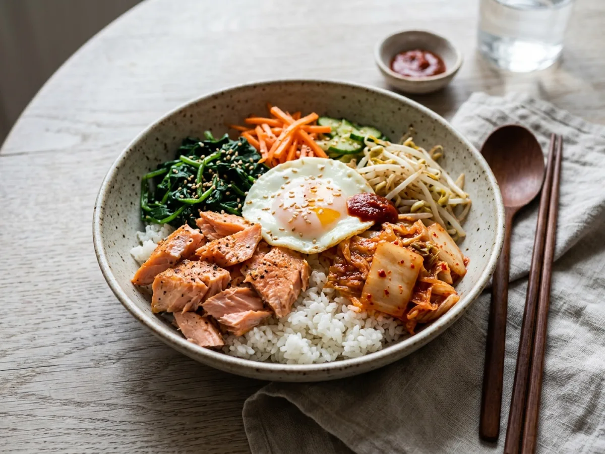 Bibimbap with Hot-Smoked Salmon, Kimchi and Spinach — recipe photo