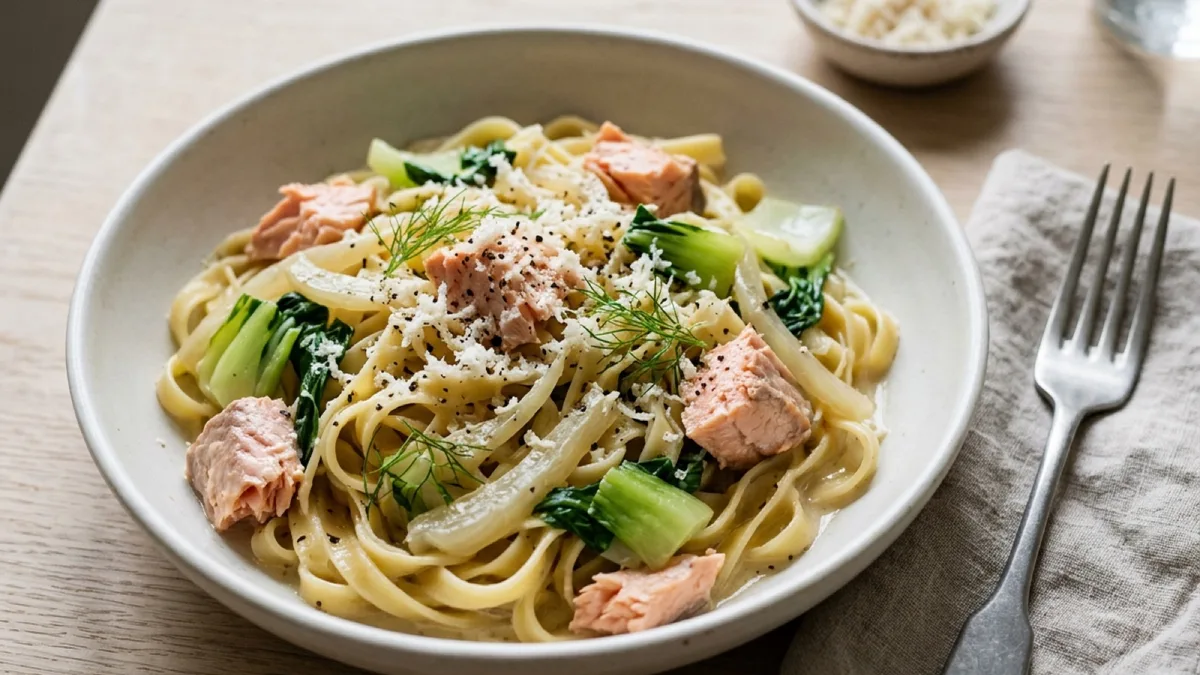 Pasta with Hot-Smoked Salmon, Fennel, Pak Choi and Horseradish