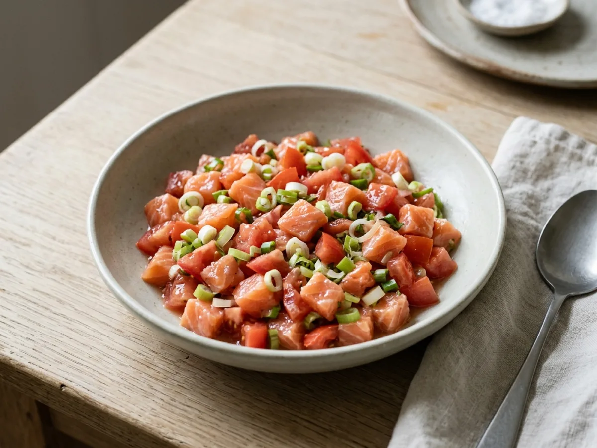 Lomi lomi salmon med tomat och salladslök — receptbild