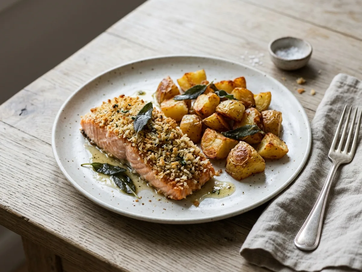 Lax med pankotäcke, rostad potatis och salviasmör — receptbild