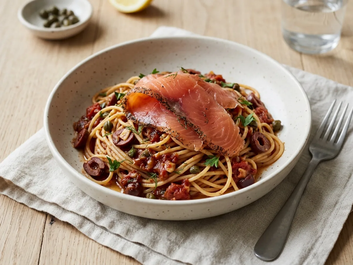 Puttanesca med gravad lax — receptbild