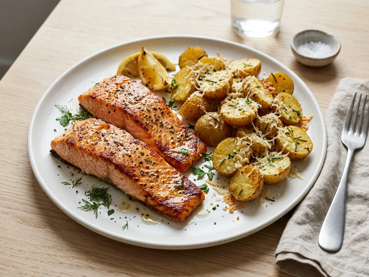 Ugnsstekt lax med parmesanslungad potatis — receptbild