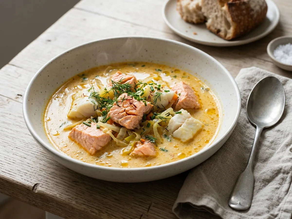 Krämig saffransfisksoppa med lax och torsk — receptbild