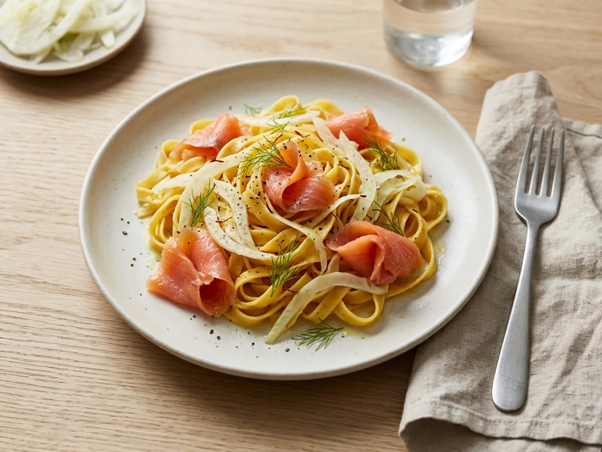 Saffranspasta med fänkål och kallrökt lax — receptbild