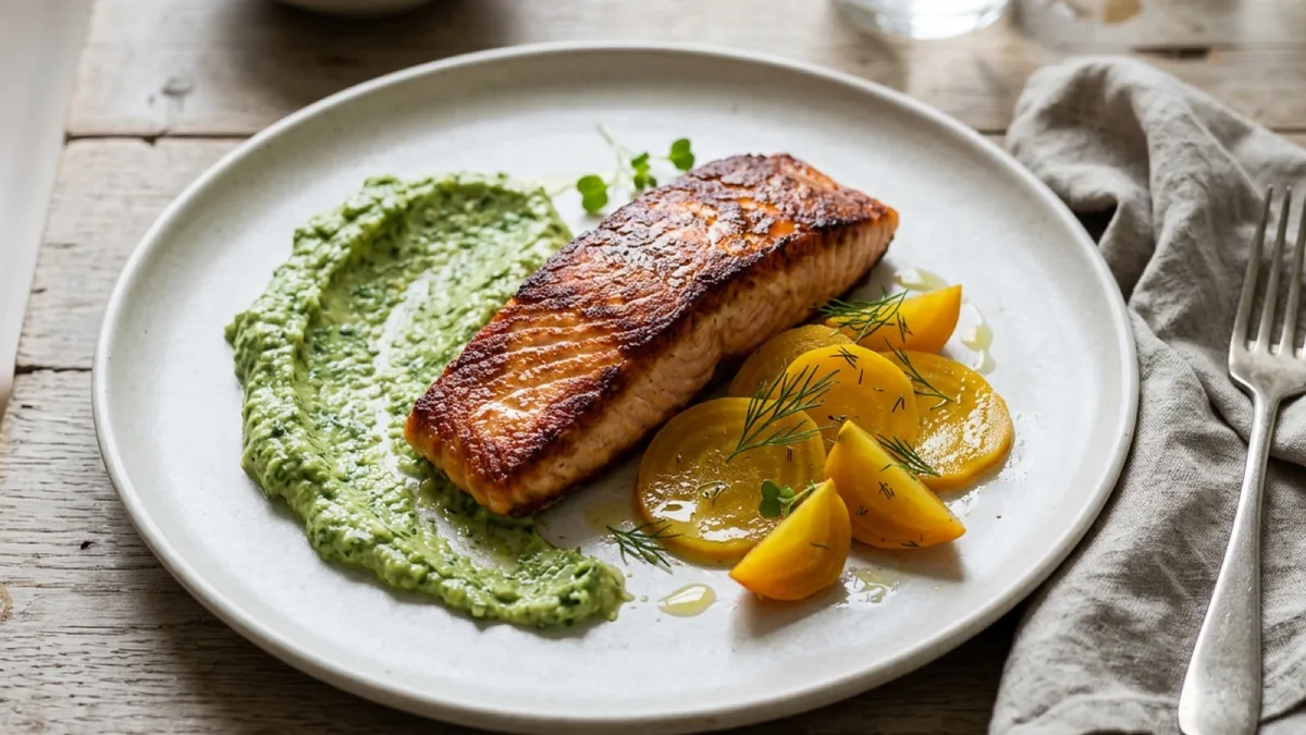 Pan-Fried Salmon with Avocado Pesto and Lime-Pickled Golden Beets