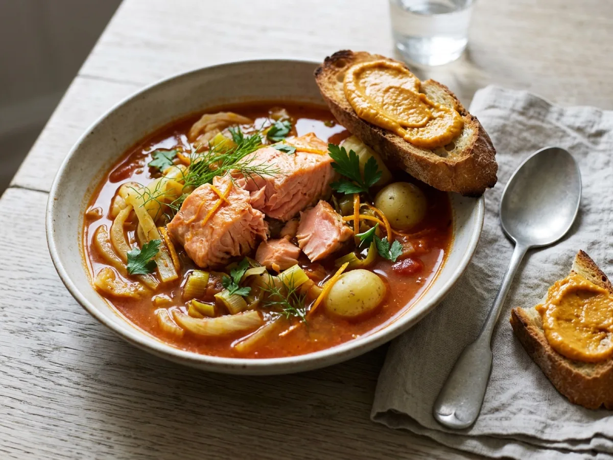 Provensalsk bouillabaisse med lax, apelsin och rouille — receptbild