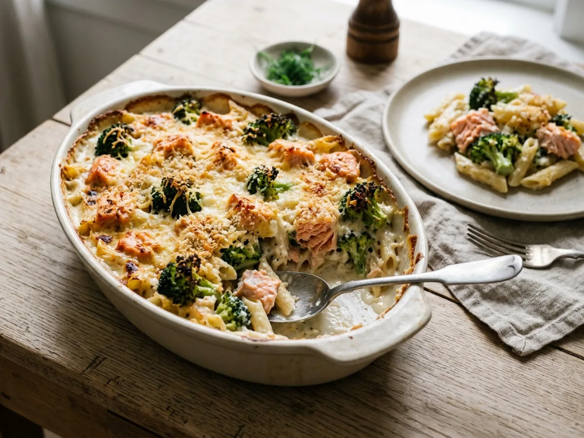 Pastagratäng med lax och broccoli — receptbild