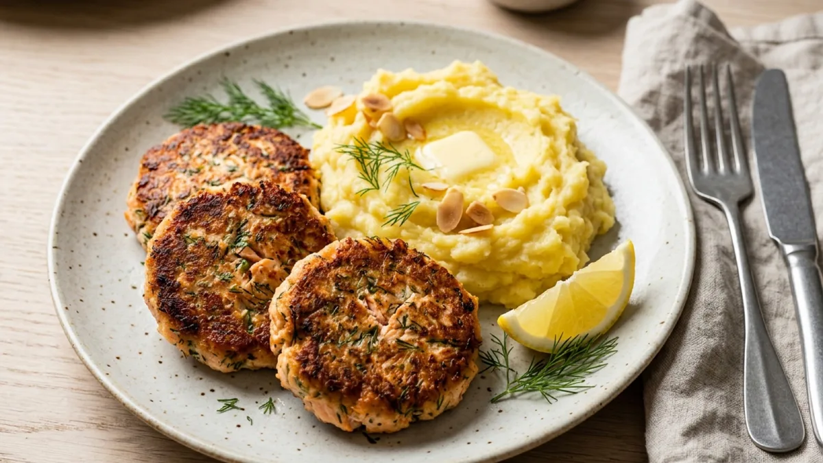 Dill Salmon Cakes with Almond Potato Mash