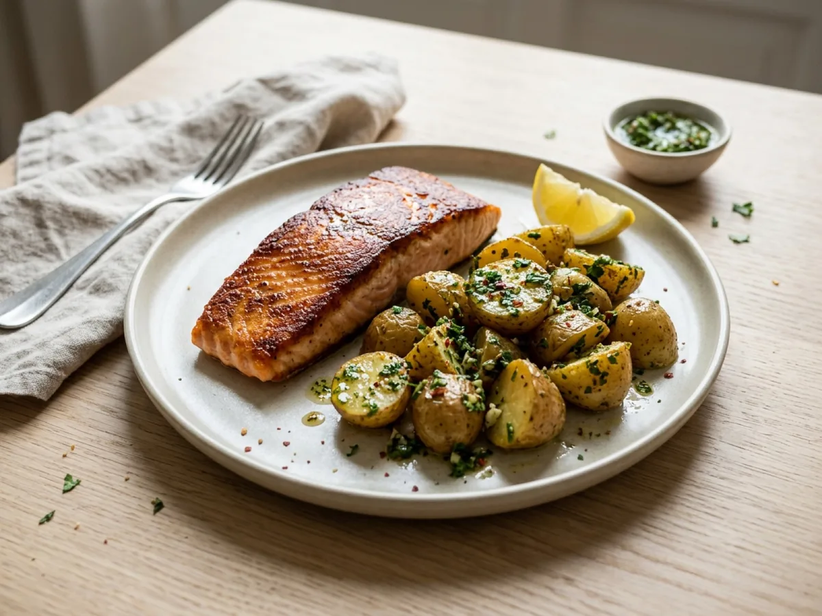 Pannstekt lax med chimichurripotatis — receptbild