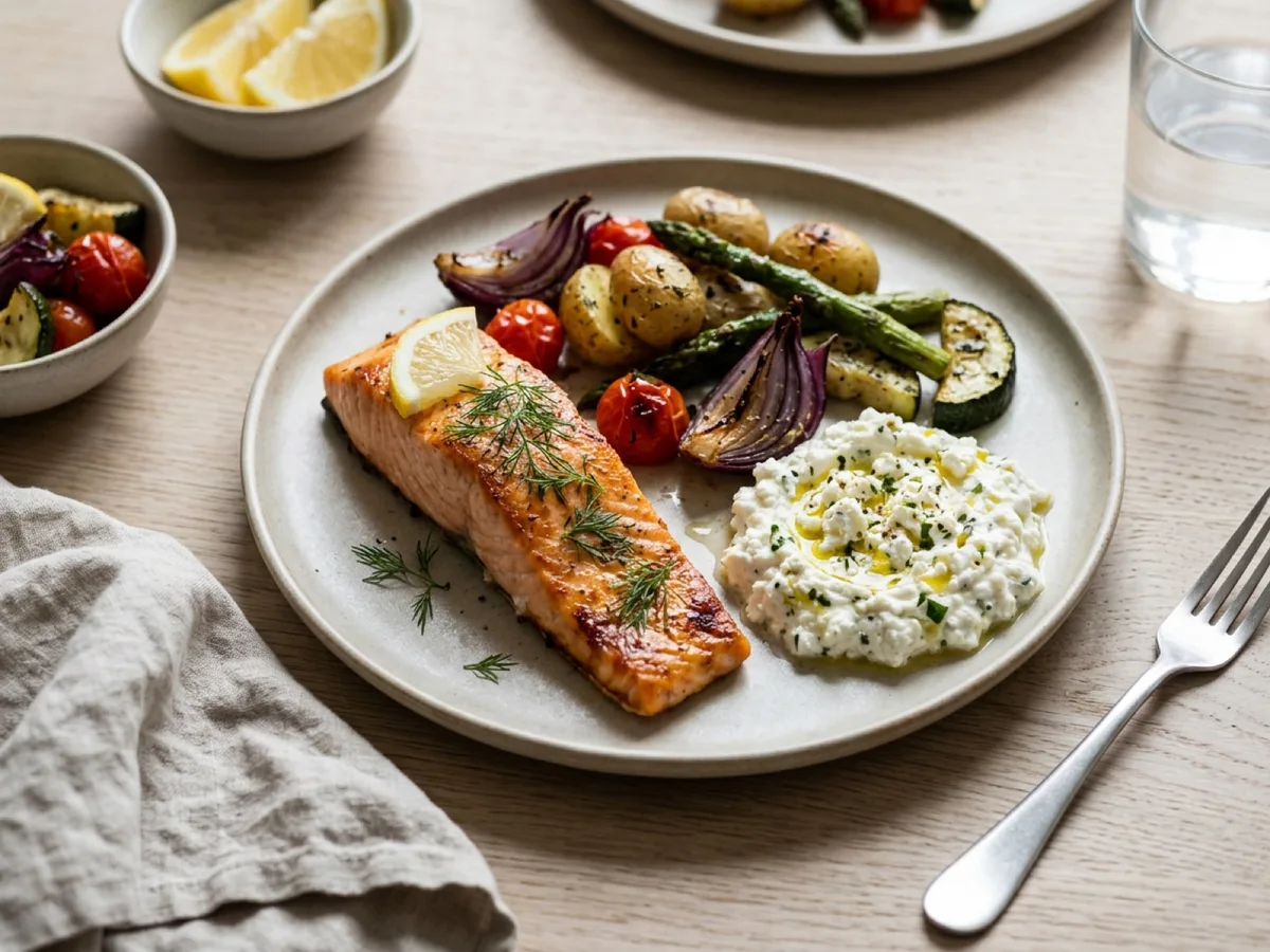 Lax med fetaoströra och ugnsrostade grönsaker — receptbild