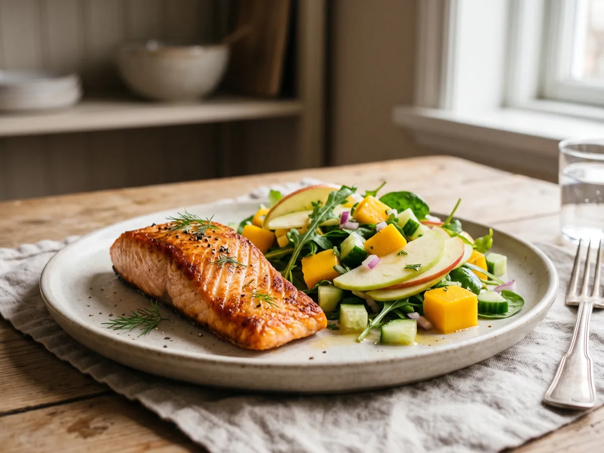 Stekt lax med mango- och äppelsallad — recipe photo