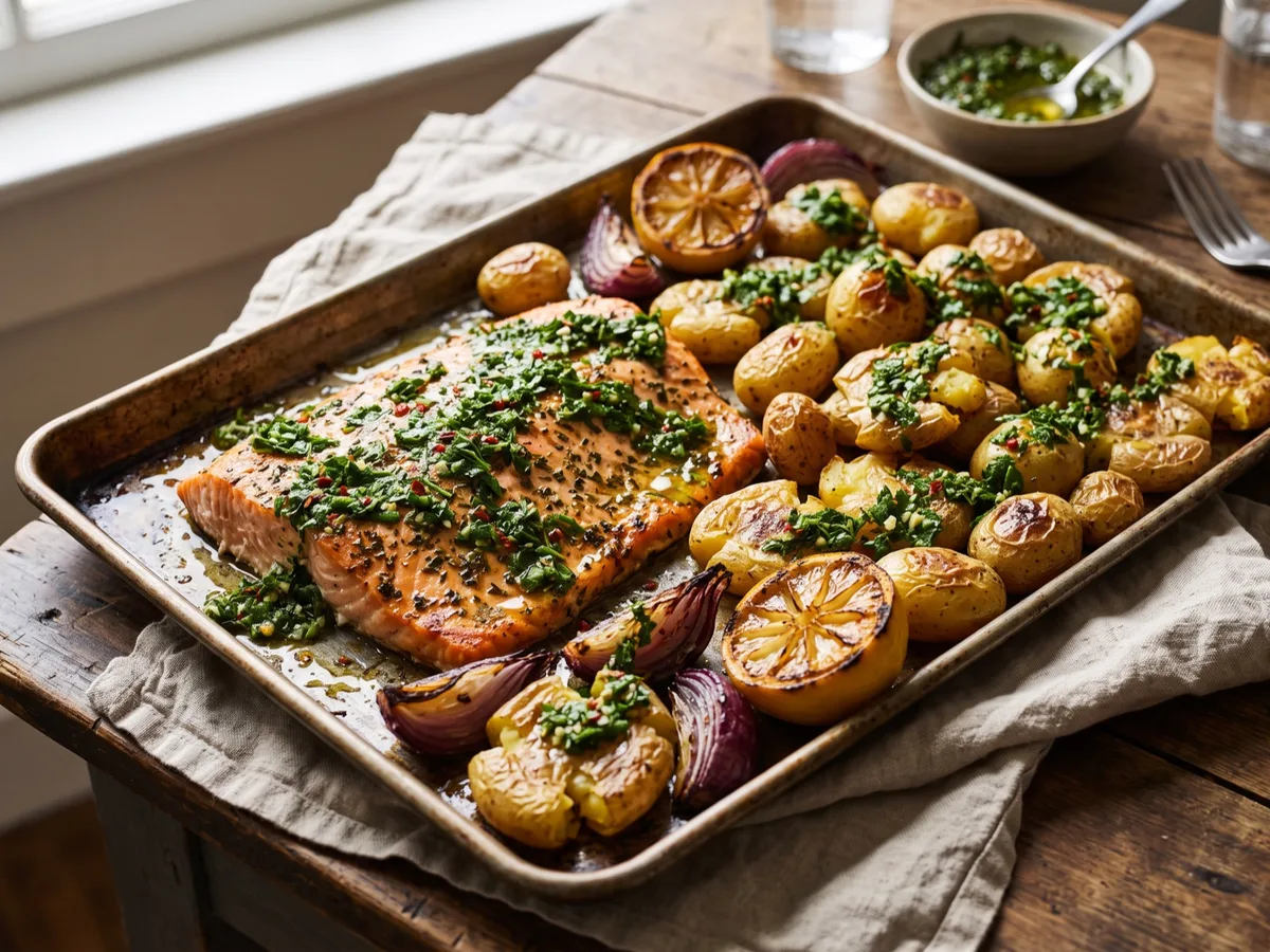 One-Tray Salmon and Potatoes with Chimichurri — recipe photo