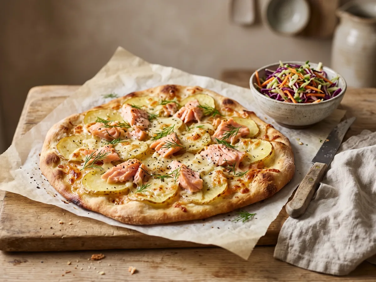 Lax- och potatispizza med krispig pizzasallad — recipe photo