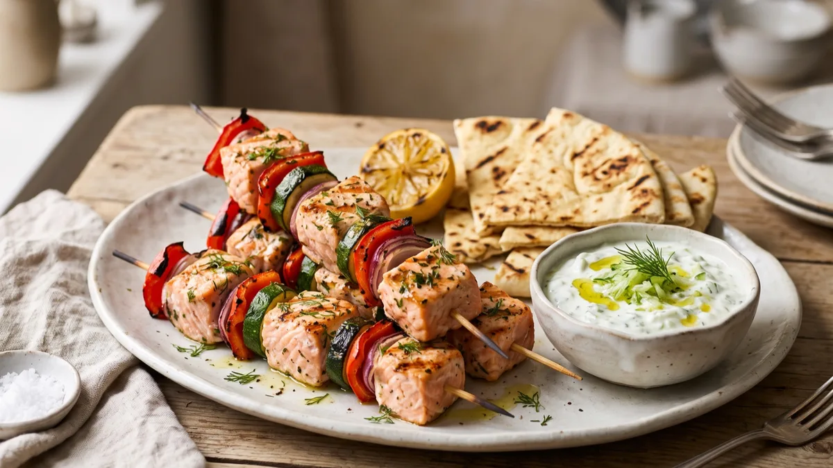 Salmon Skewers with Vegetables, Pita and Tzatziki