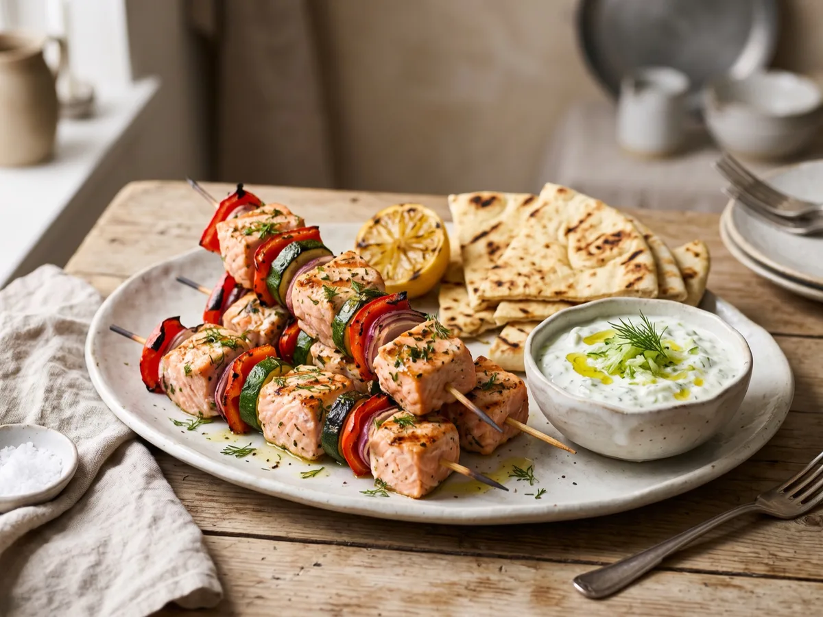 Laxspett med grönsaker, pitabröd och tzatziki — recipe photo