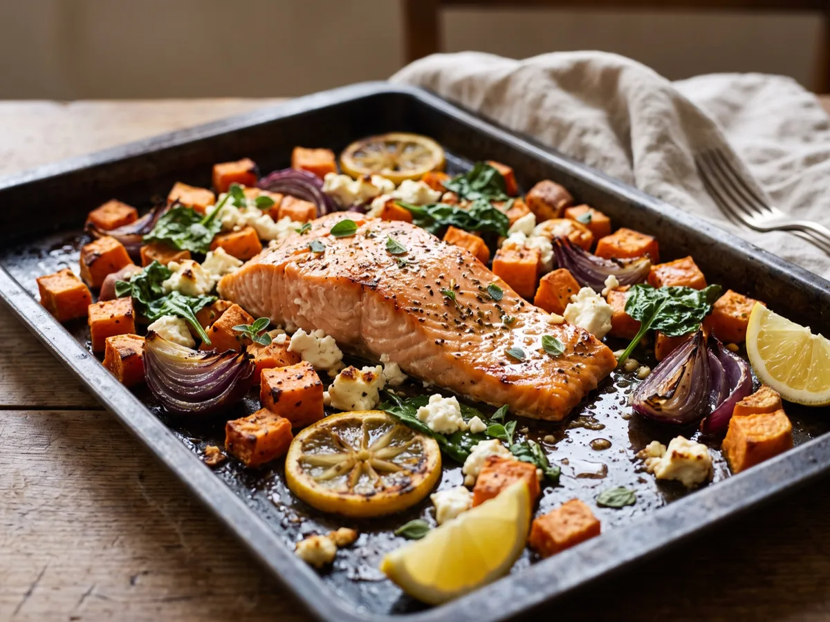 Lax på plåt med sötpotatis och fetaost — recipe photo