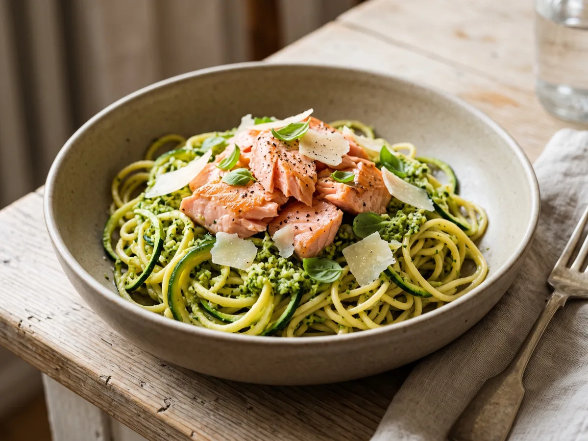 Lax med zucchinipasta och broccolipesto — recipe photo