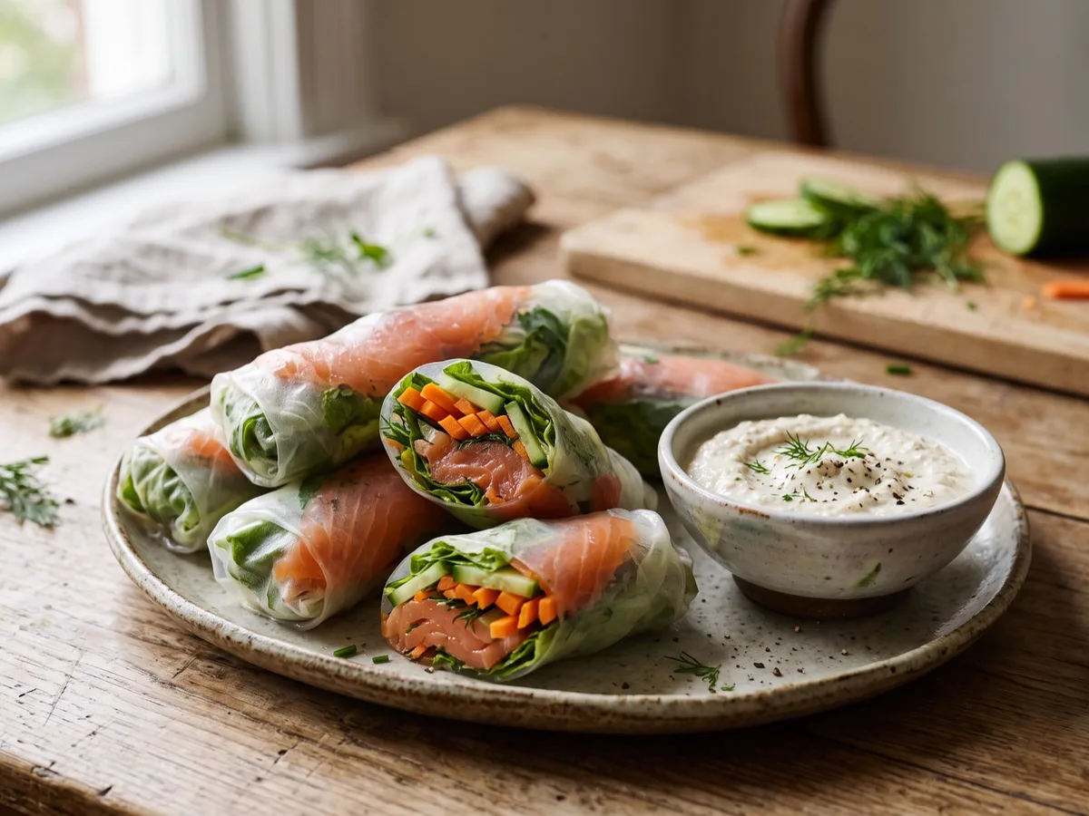 Smoked Salmon Summer Rolls with Horseradish Dip — recipe photo