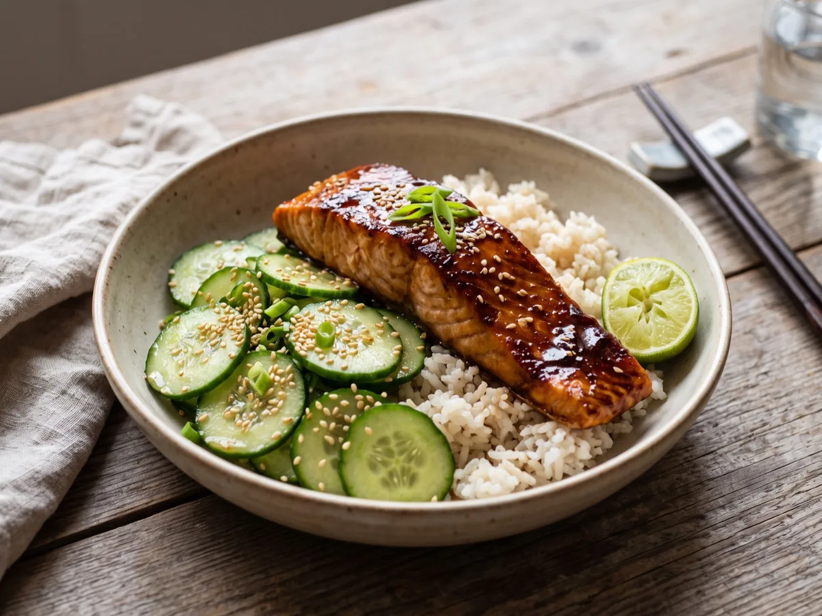 Soy-Baked Salmon with Coconut Rice and Cucumber Salad — recipe photo
