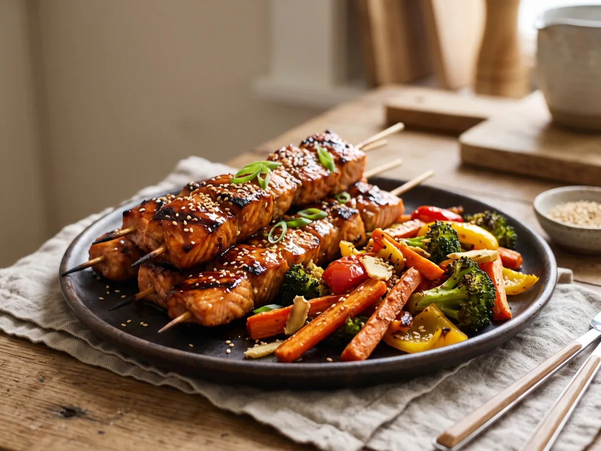 Sojamarinerade laxspett med ingefärsrostade grönsaker — recipe photo