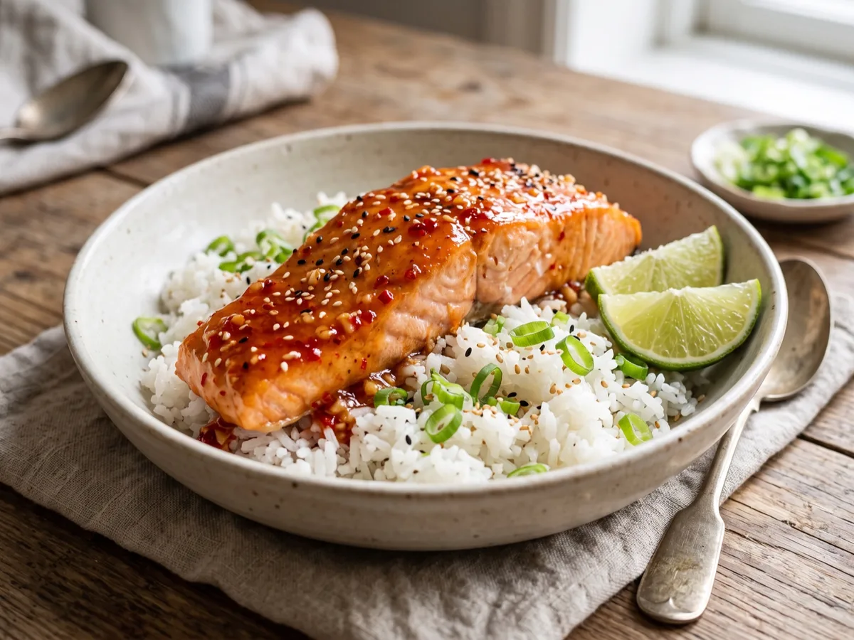 Sweet Chili Baked Salmon with Rice — recipe photo