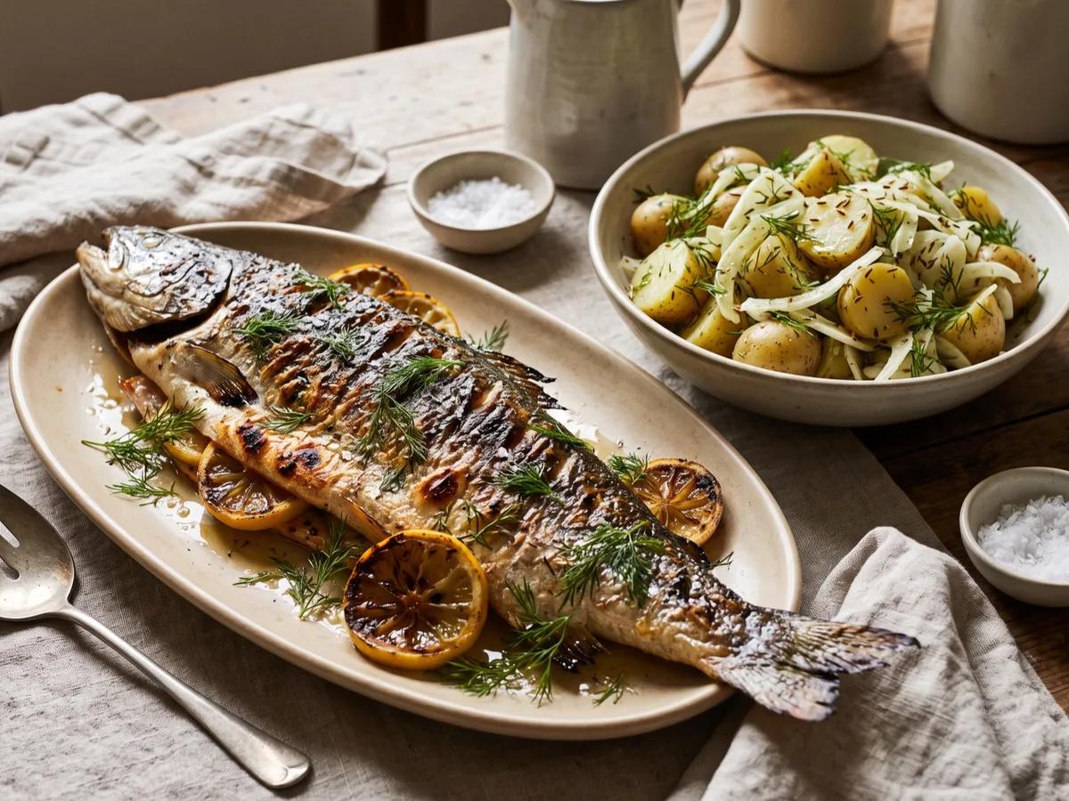 Helgrillad lax med kummin, fänkål och dillig potatissallad — recipe photo