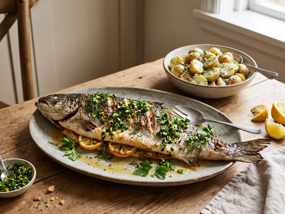 Helstekt lax med citron, potatissallad och gremolata — recipe photo